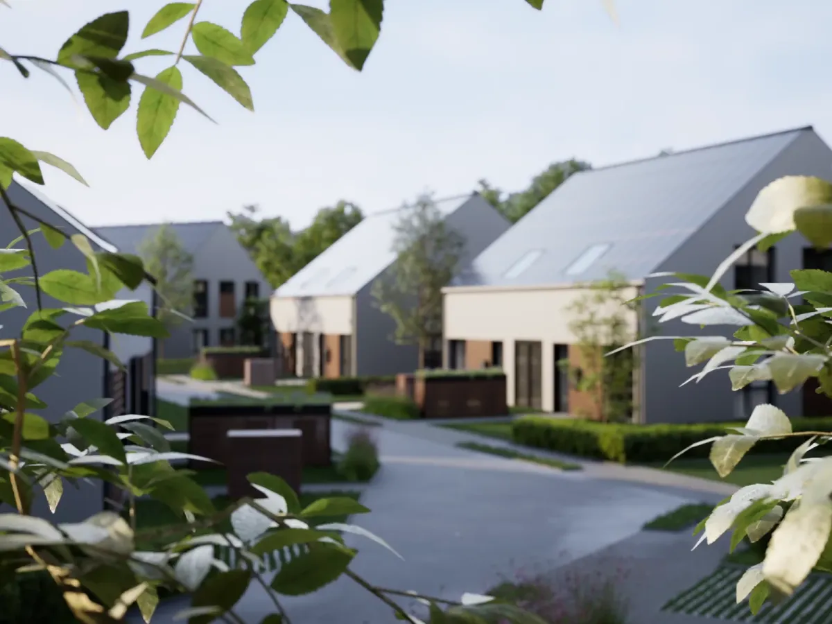 Architekturvisualisierung von 2mb.Studio: Wohnhäuser zwischen grünen Bäumen